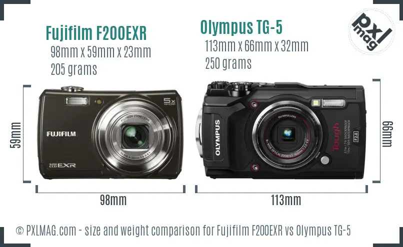 Fujifilm F200EXR vs Olympus TG-5 size comparison
