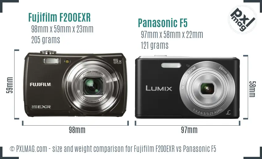 Fujifilm F200EXR vs Panasonic F5 size comparison