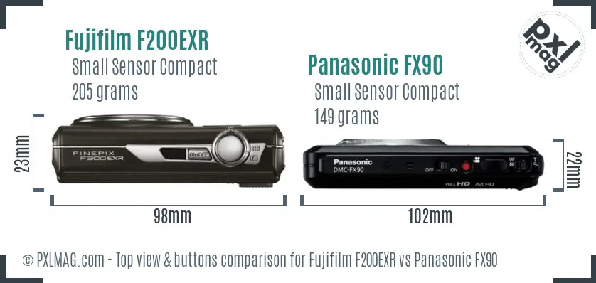 Fujifilm F200EXR vs Panasonic FX90 top view buttons comparison Fujifilm F200EXR vs Panasonic FX90 top view buttons comparison