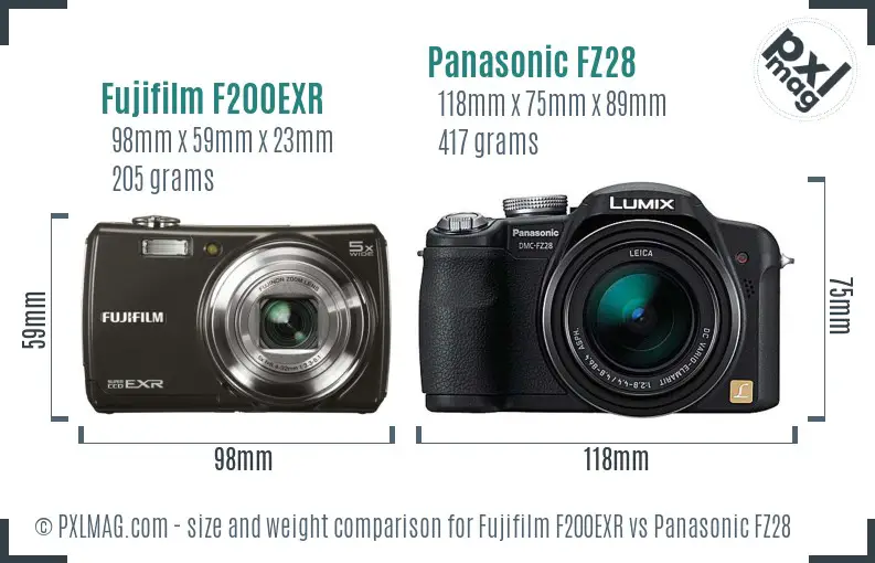 Fujifilm F200EXR vs Panasonic FZ28 size comparison