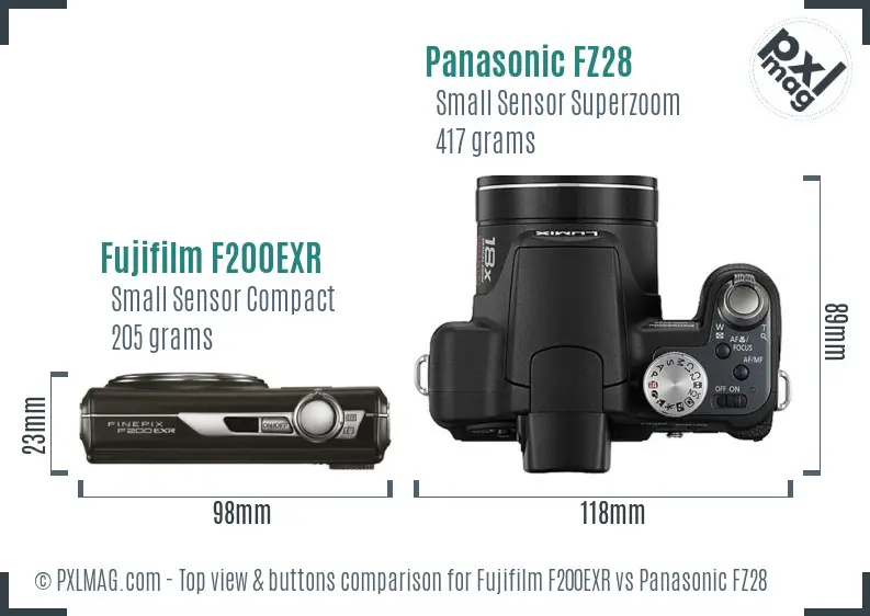Fujifilm F200EXR vs Panasonic FZ28 top view buttons comparison