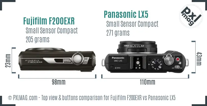 Fujifilm F200EXR vs Panasonic LX5 top view buttons comparison
