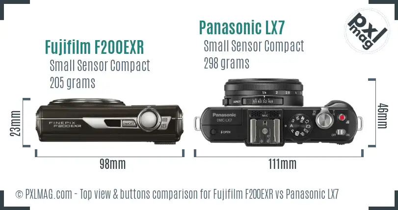 Fujifilm F200EXR vs Panasonic LX7 top view buttons comparison