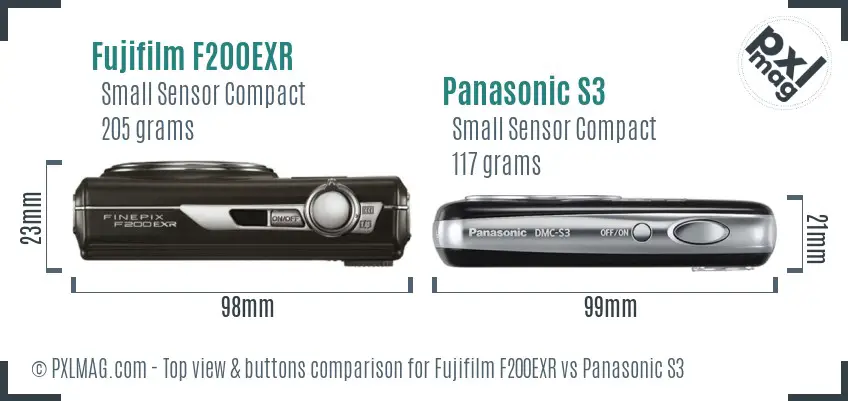 Fujifilm F200EXR vs Panasonic S3 top view buttons comparison Fujifilm F200EXR vs Panasonic S3 top view buttons comparison
