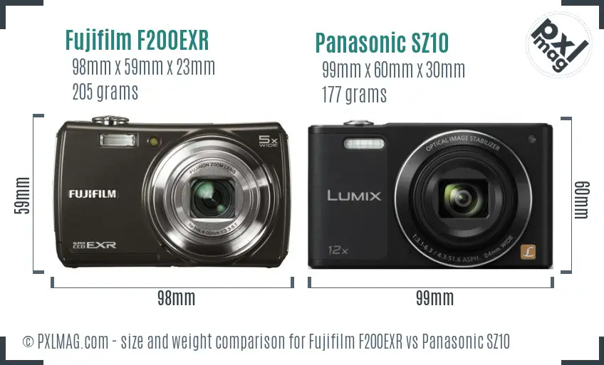 Fujifilm F200EXR vs Panasonic SZ10 size comparison