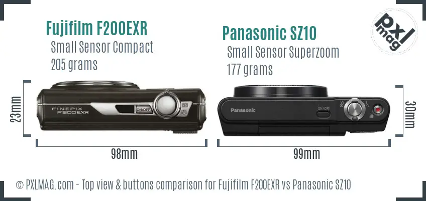 Fujifilm F200EXR vs Panasonic SZ10 top view buttons comparison