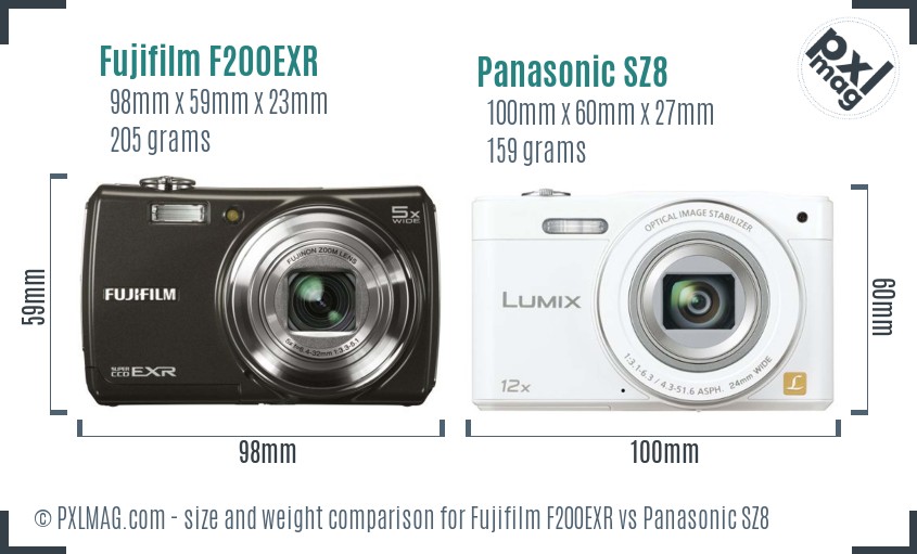 Fujifilm F200EXR vs Panasonic SZ8 size comparison