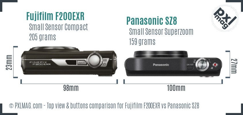 Fujifilm F200EXR vs Panasonic SZ8 top view buttons comparison