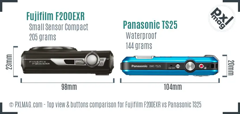 Fujifilm F200EXR vs Panasonic TS25 top view buttons comparison Fujifilm F200EXR vs Panasonic TS25 top view buttons comparison