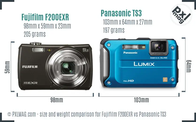 Fujifilm F200EXR vs Panasonic TS3 size comparison