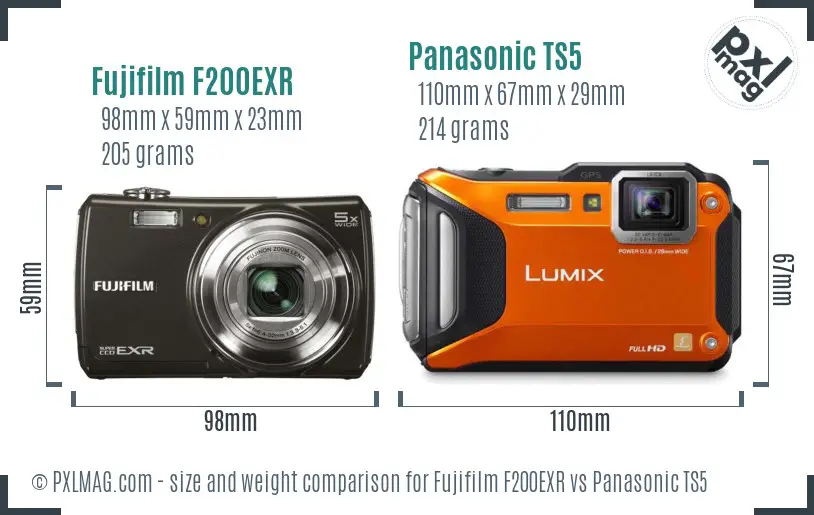 Fujifilm F200EXR vs Panasonic TS5 size comparison