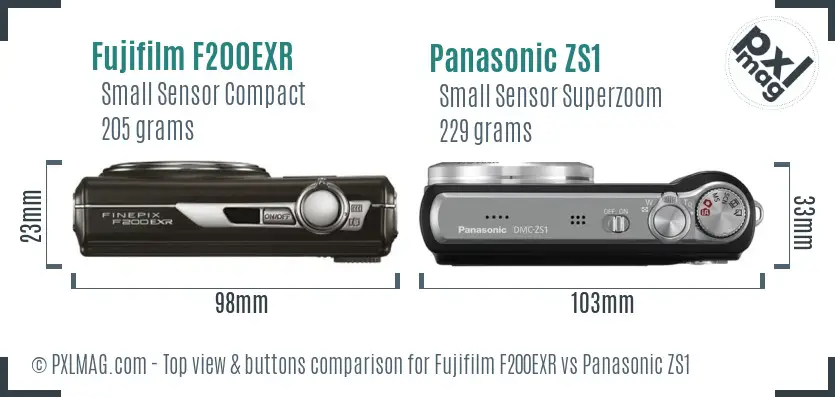 Fujifilm F200EXR vs Panasonic ZS1 top view buttons comparison Fujifilm F200EXR vs Panasonic ZS1 top view buttons comparison
