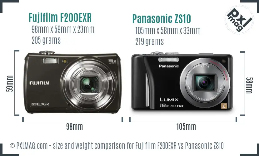 Fujifilm F200EXR vs Panasonic ZS10 size comparison