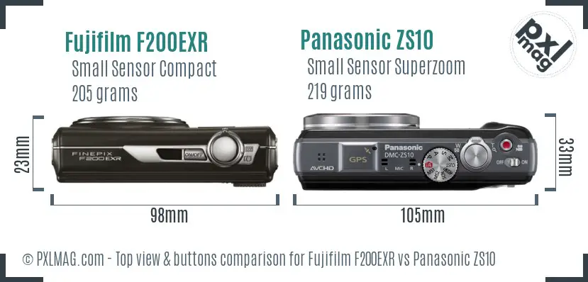 Fujifilm F200EXR vs Panasonic ZS10 top view buttons comparison