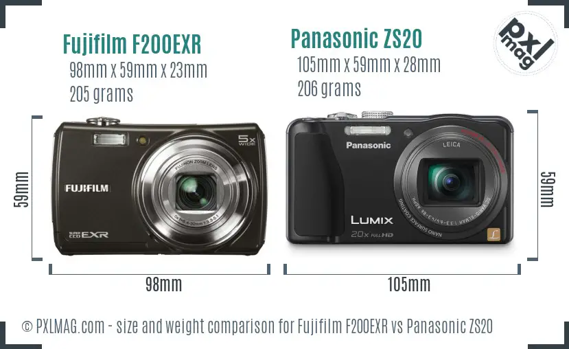 Fujifilm F200EXR vs Panasonic ZS20 size comparison