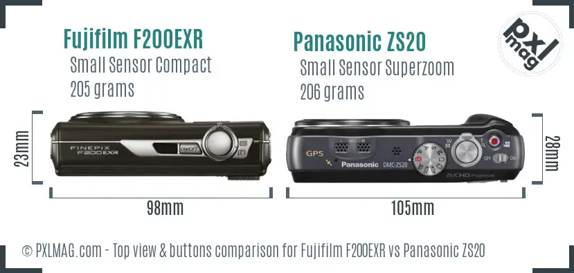 Fujifilm F200EXR vs Panasonic ZS20 top view buttons comparison