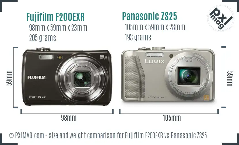 Fujifilm F200EXR vs Panasonic ZS25 size comparison