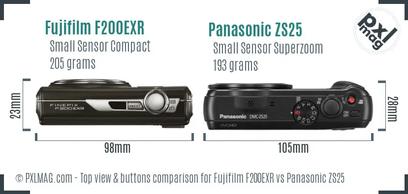 Fujifilm F200EXR vs Panasonic ZS25 top view buttons comparison