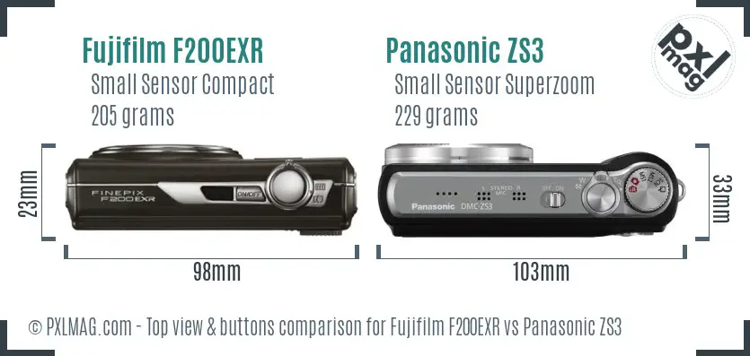 Fujifilm F200EXR vs Panasonic ZS3 top view buttons comparison