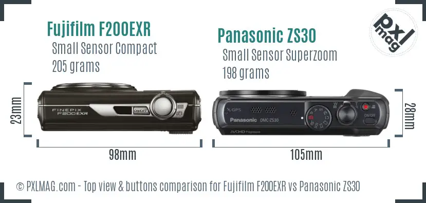 Fujifilm F200EXR vs Panasonic ZS30 top view buttons comparison Fujifilm F200EXR vs Panasonic ZS30 top view buttons comparison
