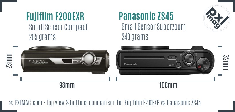 Fujifilm F200EXR vs Panasonic ZS45 top view buttons comparison