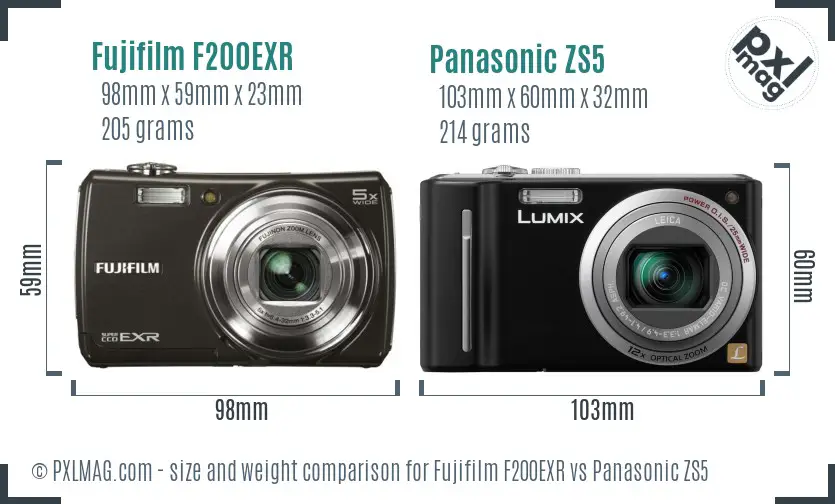 Fujifilm F200EXR vs Panasonic ZS5 size comparison