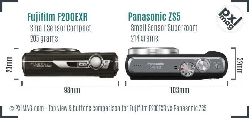 Fujifilm F200EXR vs Panasonic ZS5 top view buttons comparison