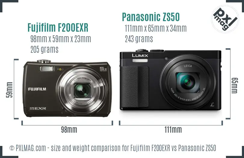 Fujifilm F200EXR vs Panasonic ZS50 size comparison