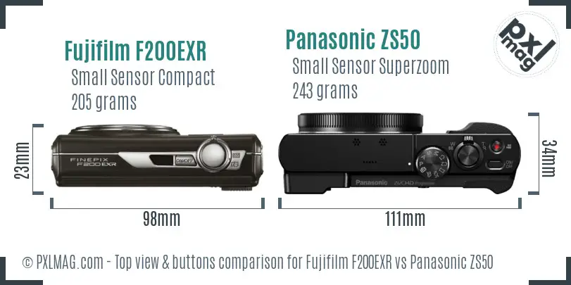 Fujifilm F200EXR vs Panasonic ZS50 top view buttons comparison