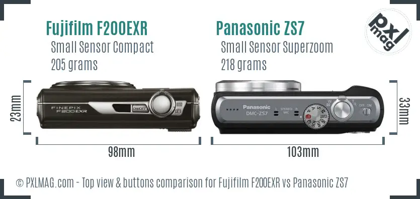 Fujifilm F200EXR vs Panasonic ZS7 top view buttons comparison