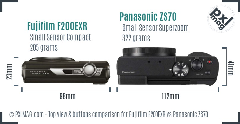Fujifilm F200EXR vs Panasonic ZS70 top view buttons comparison