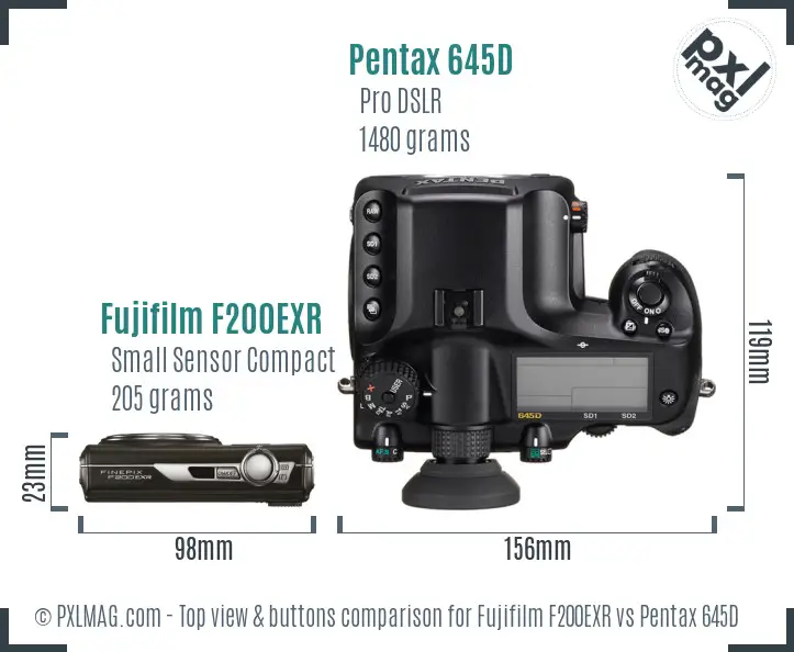 Fujifilm F200EXR vs Pentax 645D top view buttons comparison