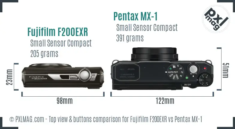 Fujifilm F200EXR vs Pentax MX-1 top view buttons comparison