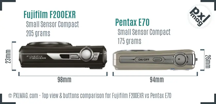Fujifilm F200EXR vs Pentax E70 top view buttons comparison