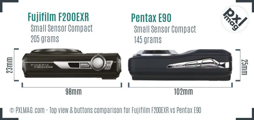 Fujifilm F200EXR vs Pentax E90 top view buttons comparison Fujifilm F200EXR vs Pentax E90 top view buttons comparison