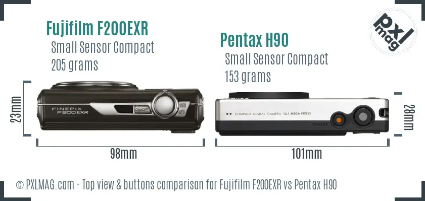 Fujifilm F200EXR vs Pentax H90 top view buttons comparison