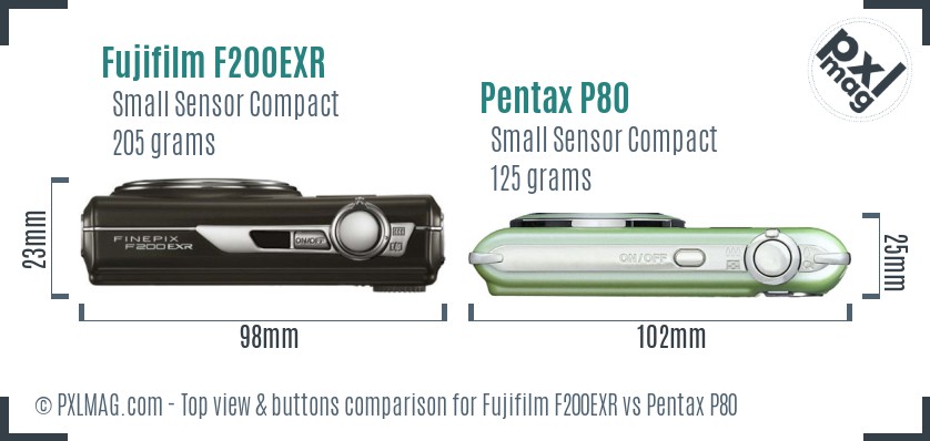 Fujifilm F200EXR vs Pentax P80 top view buttons comparison