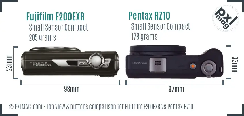 Fujifilm F200EXR vs Pentax RZ10 top view buttons comparison