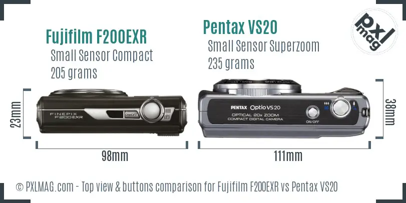 Fujifilm F200EXR vs Pentax VS20 top view buttons comparison