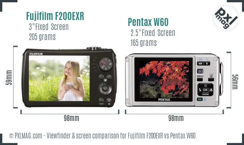 Fujifilm F200EXR vs Pentax W60 Screen and Viewfinder comparison