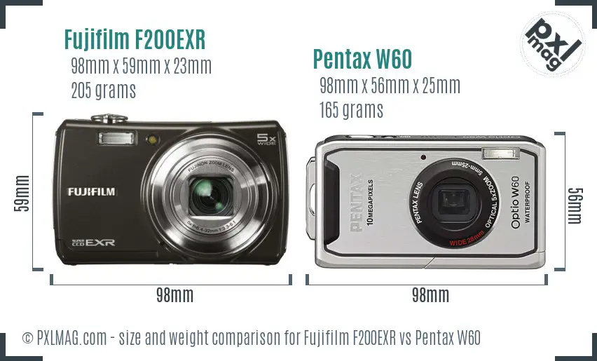 Fujifilm F200EXR vs Pentax W60 size comparison