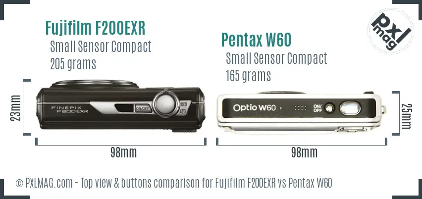Fujifilm F200EXR vs Pentax W60 top view buttons comparison