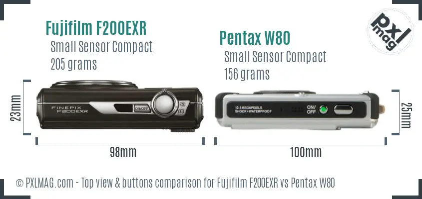 Fujifilm F200EXR vs Pentax W80 top view buttons comparison Fujifilm F200EXR vs Pentax W80 top view buttons comparison
