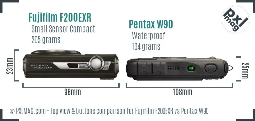 Fujifilm F200EXR vs Pentax W90 top view buttons comparison