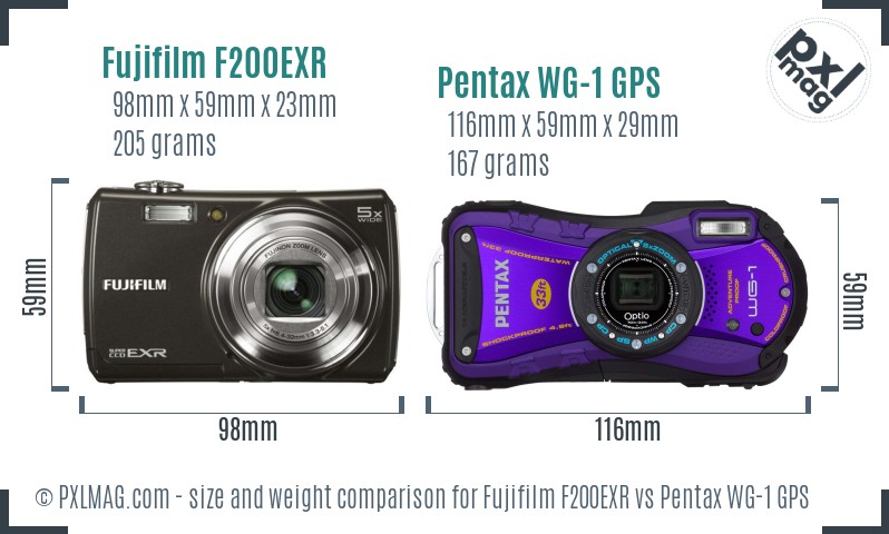 Fujifilm F200EXR vs Pentax WG-1 GPS size comparison Fujifilm F200EXR vs Pentax WG-1 GPS size comparison