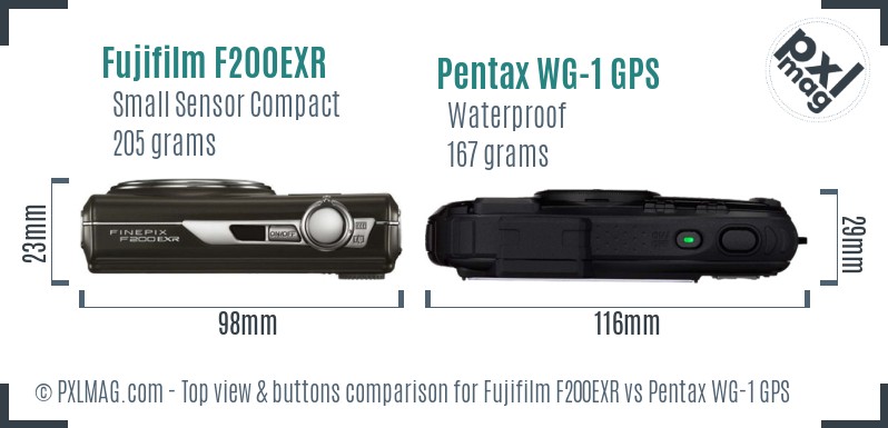 Fujifilm F200EXR vs Pentax WG-1 GPS top view buttons comparison