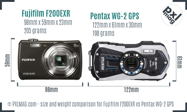 Fujifilm F200EXR vs Pentax WG-2 GPS size comparison Fujifilm F200EXR vs Pentax WG-2 GPS size comparison