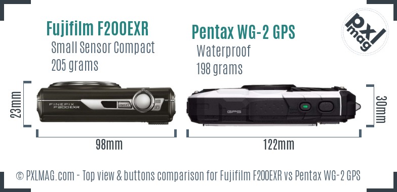 Fujifilm F200EXR vs Pentax WG-2 GPS top view buttons comparison