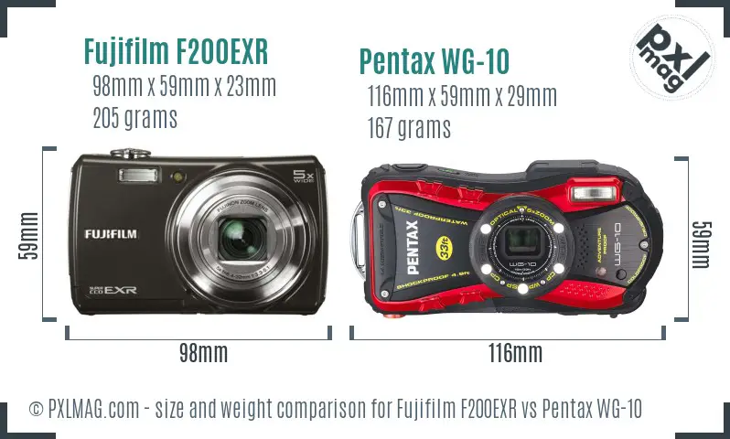 Fujifilm F200EXR vs Pentax WG-10 size comparison