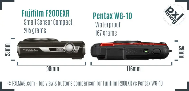 Fujifilm F200EXR vs Pentax WG-10 top view buttons comparison